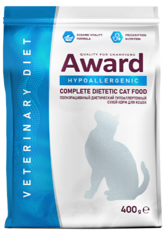 Диетический корм AWARD VETERINARY DIET HYPOALLERGENIC для взрослых кошек при аллергии или пищевой непереносимости, 400 гр MZB200305 - фото 17886