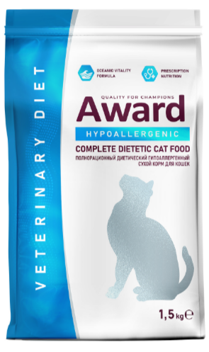 Диетический корм AWARD VETERINARY DIET HYPOALLERGENIC для взрослых кошек при аллергии или пищевой непереносимости, 1.5 кг MZB200312 - фото 17887