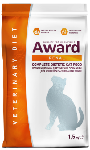 Диетический корм AWARD VETERINARY DIET RENAL для взрослых кошек при заболеваниях почек, 1.5 кг MZB200343 - фото 17893