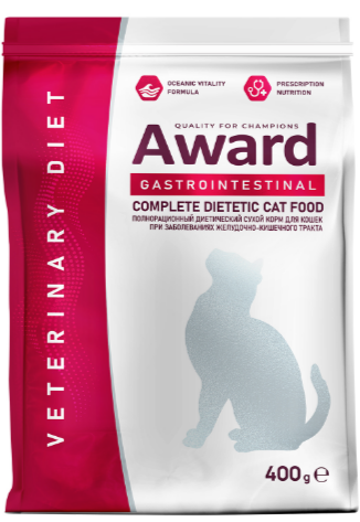 Диетический корм AWARD VETERINARY DIET GASTROINTESTINAL для взрослых кошек при заболеваниях желудочно-кишечного тракта, 400 гр MZB200367 - фото 17898