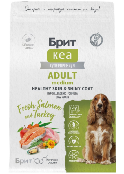 Брит Кеа Сухой корм для взрослых собак средних пород DOG ADULT MEDIUM HEALTHY SKIN & SHINY COAT с лососем и индейкой, 3 кг MZB010162 - фото 18134