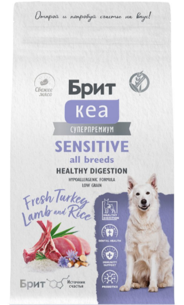 Брит Кеа Сухой корм DOG ADULT SENSITIVE ALL BREEDS HEALTHY DIGESTION с индейкой, ягненком и рисом, 3 кг MZB010193 - фото 18138
