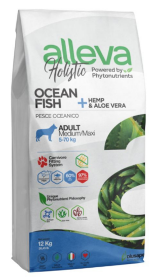 ALLEVA HOLISTIC ADULT OCEAN FISH MEDIUM/MAXI Аллева Холистик для взрослых собак с океанической рыбой, коноплей и алое вера Медиум и Макси, 2 кг MZB002332 - фото 18398
