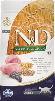 Н&Д сухой корм для кошек с ягненком и черникой низкозерновой /N&D ANCESTRAL GRAIN CAT LAMB, SPELT, OATS AND BLUEBERRY ADULT 10 кг - фото 9757