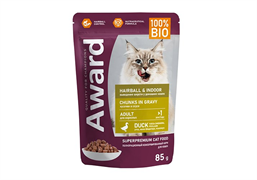 Влажный корм AWARD Hairball & Indoor для выведения шерсти у взрослых домашних кошек кусочки в соусе с уткой 85г 