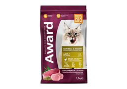 Сухой корм AWARD Hairball & Indoor для взрослых кошек для выведения шерсти с уткой и индейкой с добавлением зеленой чечевицы и Юкки Шидигера 1,5кг