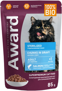 Влажный корм AWARD Sterilized для взрослых стерилизованных кошек кусочки в соусе с лососем 85г ZB176960