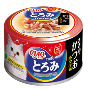 INABA ТОРОМИ в бульоне куриное филе и тунец кацуо со вкусом гребешка для кошек ж/б, 80 гр MZB947162