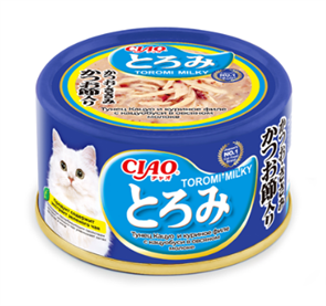 INABA CIAO Toromi Milky для кошек Тунец Кацуо и куриное филе с кацуобуси в овсяном молоке ж/б, 80 гр MZB947261