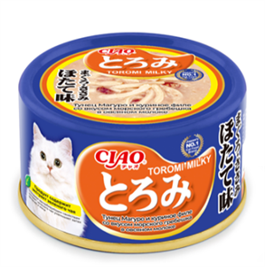 INABA CIAO Toromi Milky для кошек Тунец Магуро и куриное филе со вкусом морского гребешка в овсяном молоке ж/б, 80 гр MZB947247