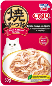 INABA CIAO Yaki Katsuo Dinner Тунец Кацуо на гриле с морским гребешком и ширасу для кошек, 50 гр MZB173738