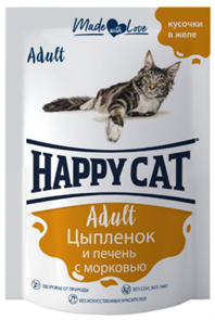 КОРМ HAPPY CAT ПАУЧ Кусочки в желе для кошек цыпленок, печень и морковь, 85 гр MZB406043